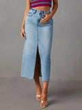 Raw Hem Front Slit Denim Midi Skirt - Trendsi