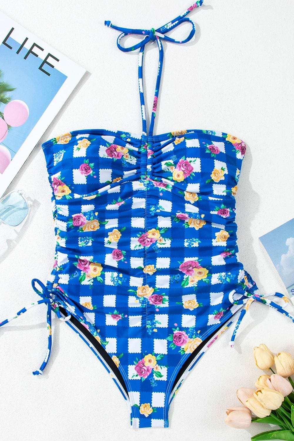 Floral Gingham Halter Neck Drawstring One Piece Swimwear - Trendsi - Flyclothing LLC