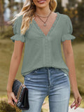 Lace Trim V-Neck Puff Sleeve Blouse - Trendsi - Flyclothing LLC