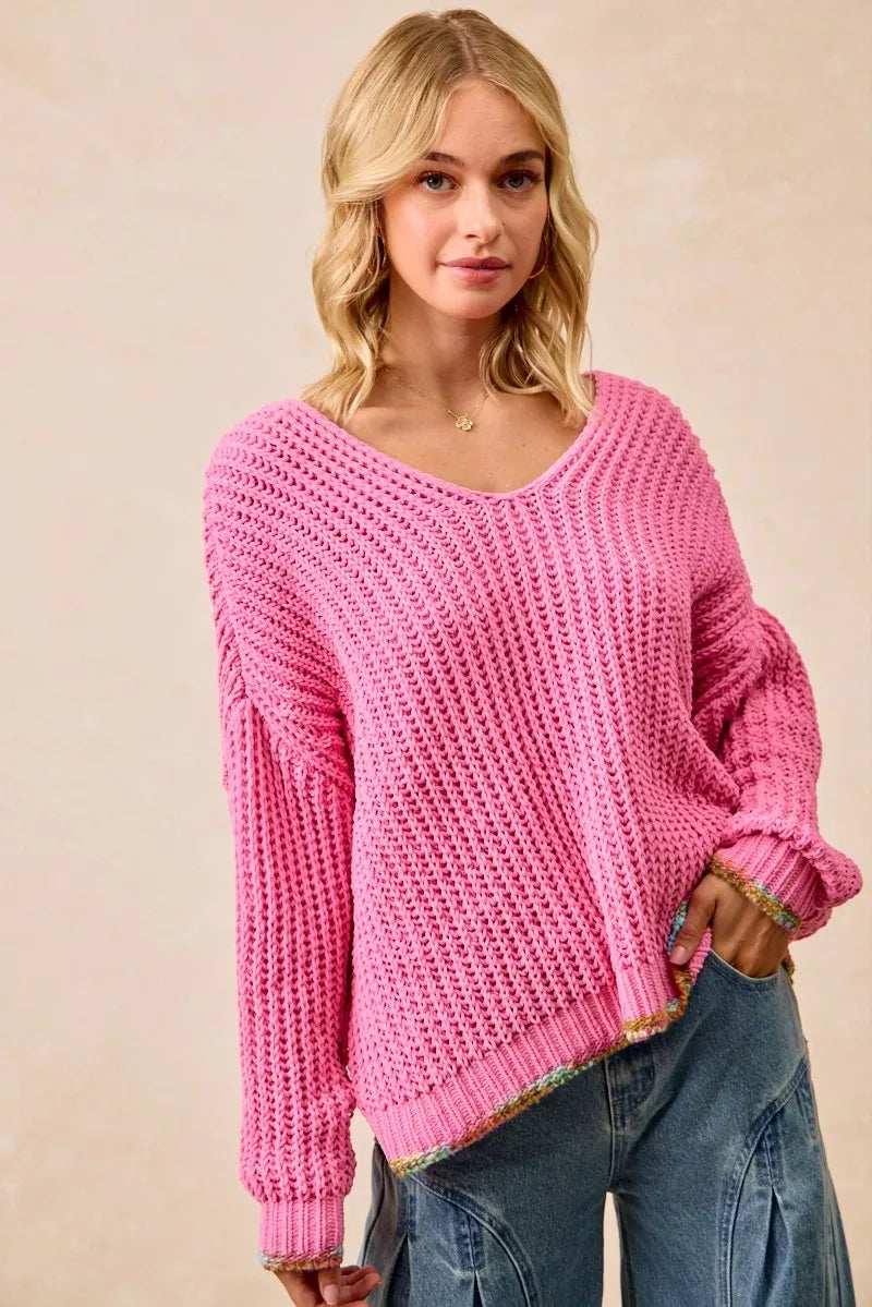 BiBi V-Neck Sweater with Colorful Trim - Trendsi - Flyclothing LLC