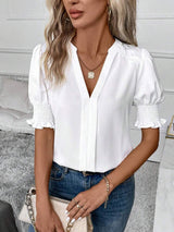 Notched Short Sleeve Blouse - Trendsi - Flyclothing LLC