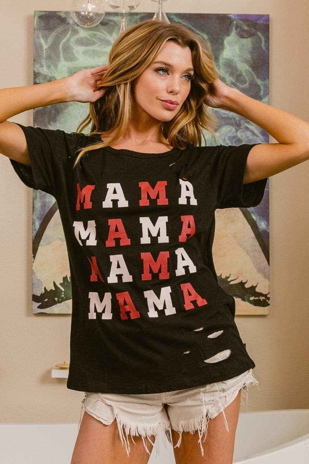 BiBi MAMA Graphic Distressed Short Sleeve T-Shirt - Trendsi - Flyclothing LLC