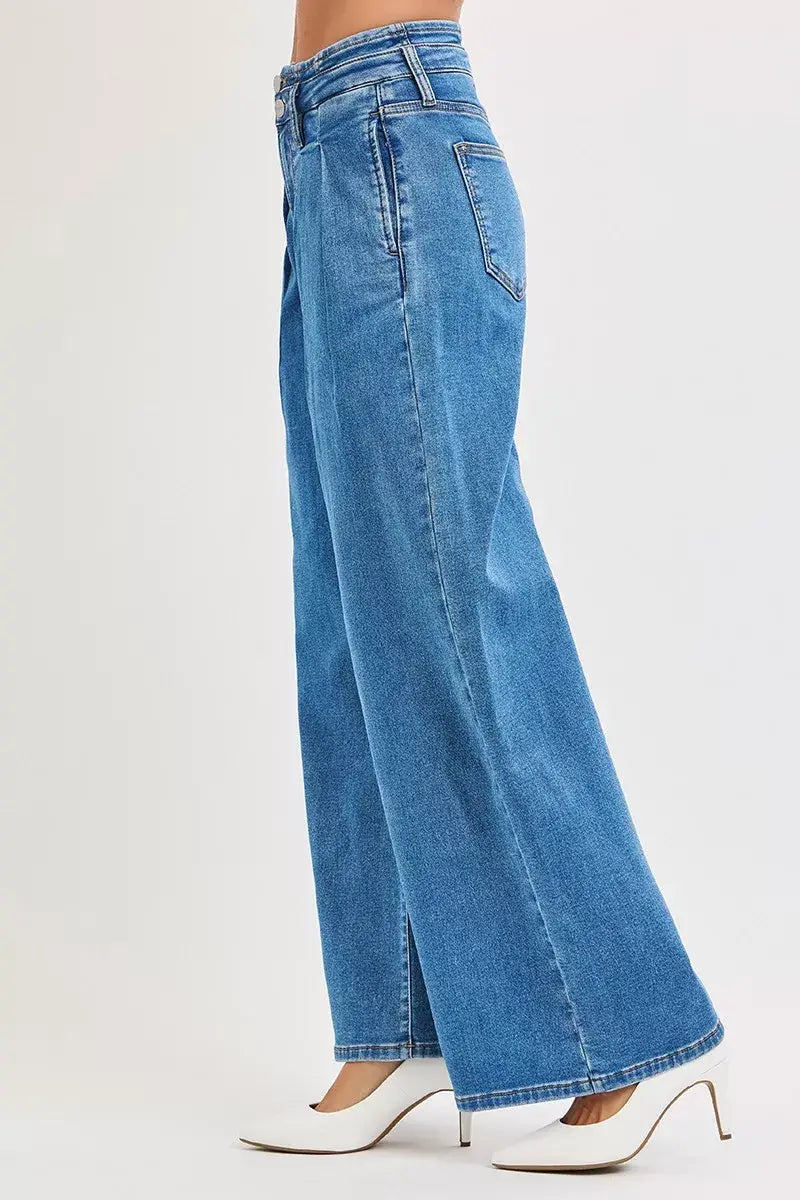 RISEN Full Size Mid Rise Fit Wide Leg with Pleated Detail Jeans Plus Size - Trendsi - Flyclothing LLC
