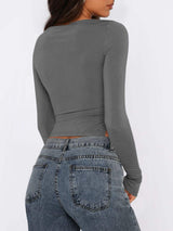 Tied Slit Round Neck Long Sleeve T-Shirt - Trendsi - Flyclothing LLC