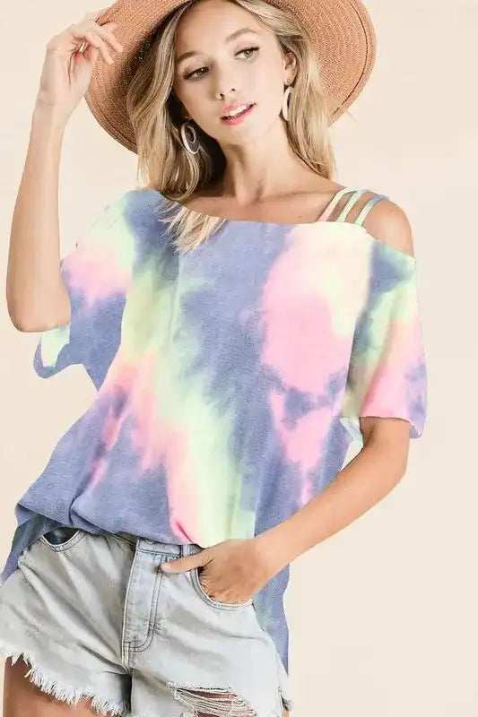 BiBi Tie Dye French Terry Strapped One Shoulder Top - Trendsi - Flyclothing LLC