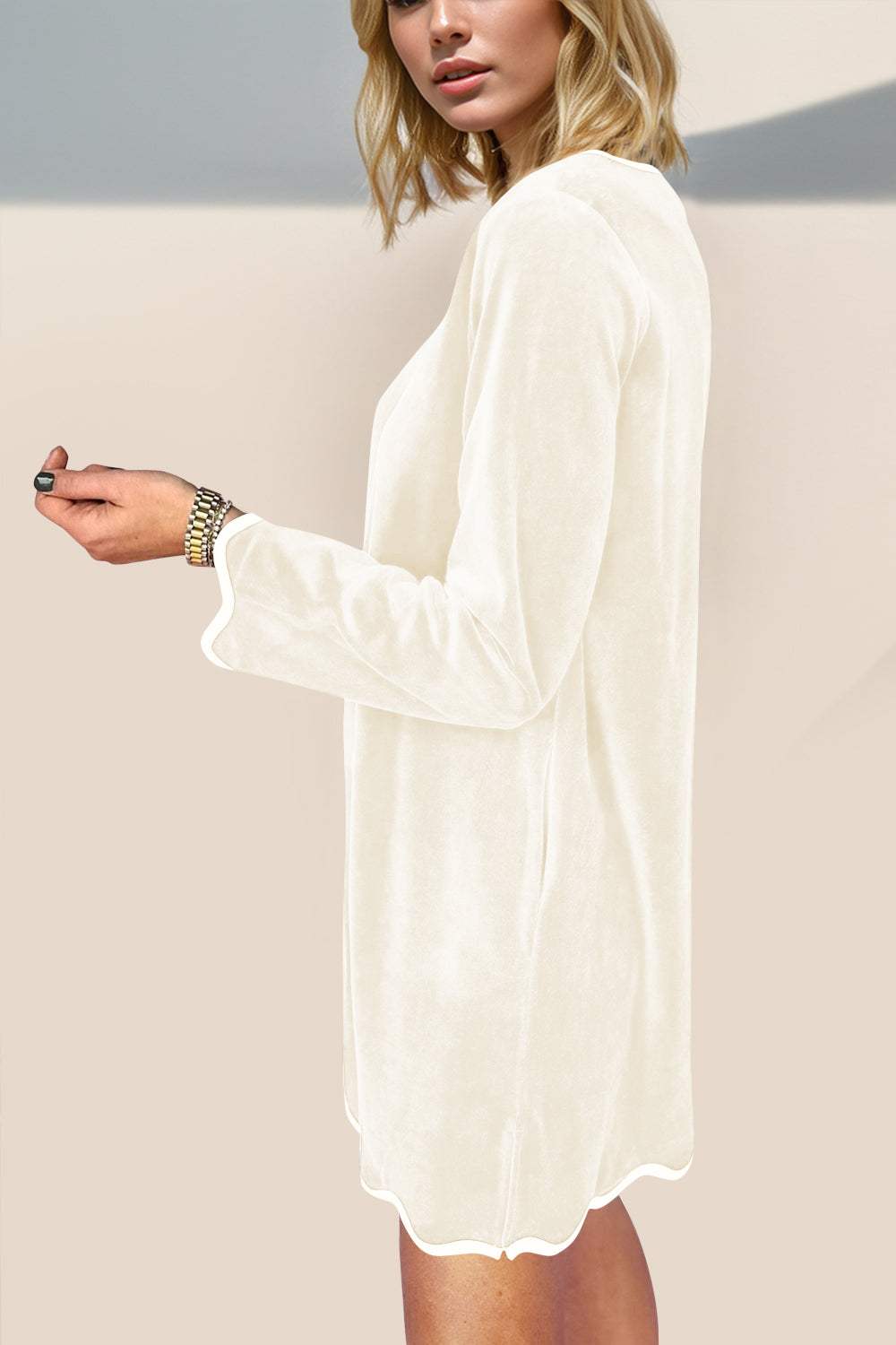Double Take Wave Contrast Trim V-Neck Zip Up Long Sleeve Mini Dress - Trendsi - Flyclothing LLC