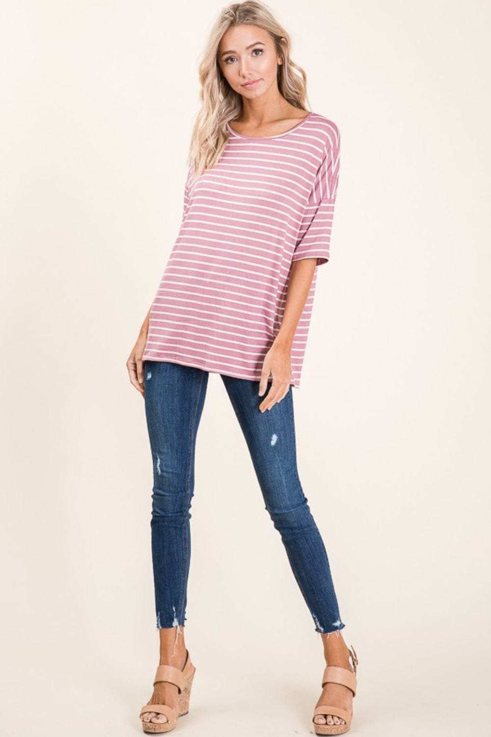 BOMBOM Striped Round Neck Half Sleeve T-Shirt - Trendsi - Flyclothing LLC