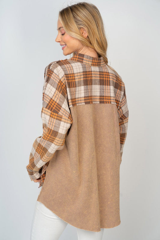 White Birch Full Size Contrast Plaid Button Down Shirt Trendsi