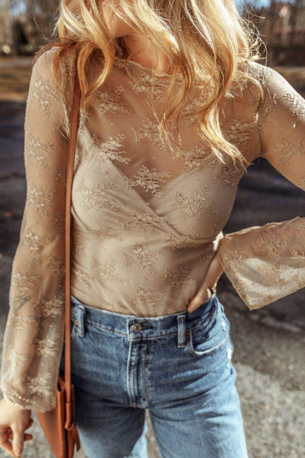 Surplice Cami and Lace Long Sleeve Cover Up Set - Trendsi - Flyclothing LLC