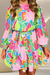Printed Tie Waist Lantern Sleeve Mini Dress - Trendsi - Flyclothing LLC