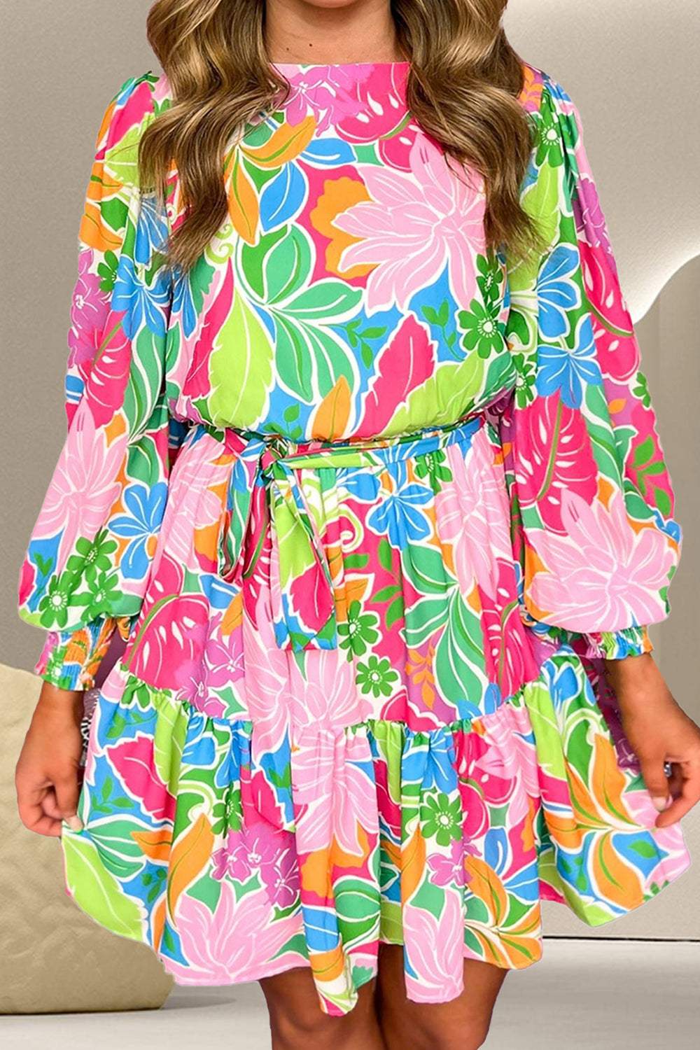 Printed Tie Waist Lantern Sleeve Mini Dress - Trendsi - Flyclothing LLC