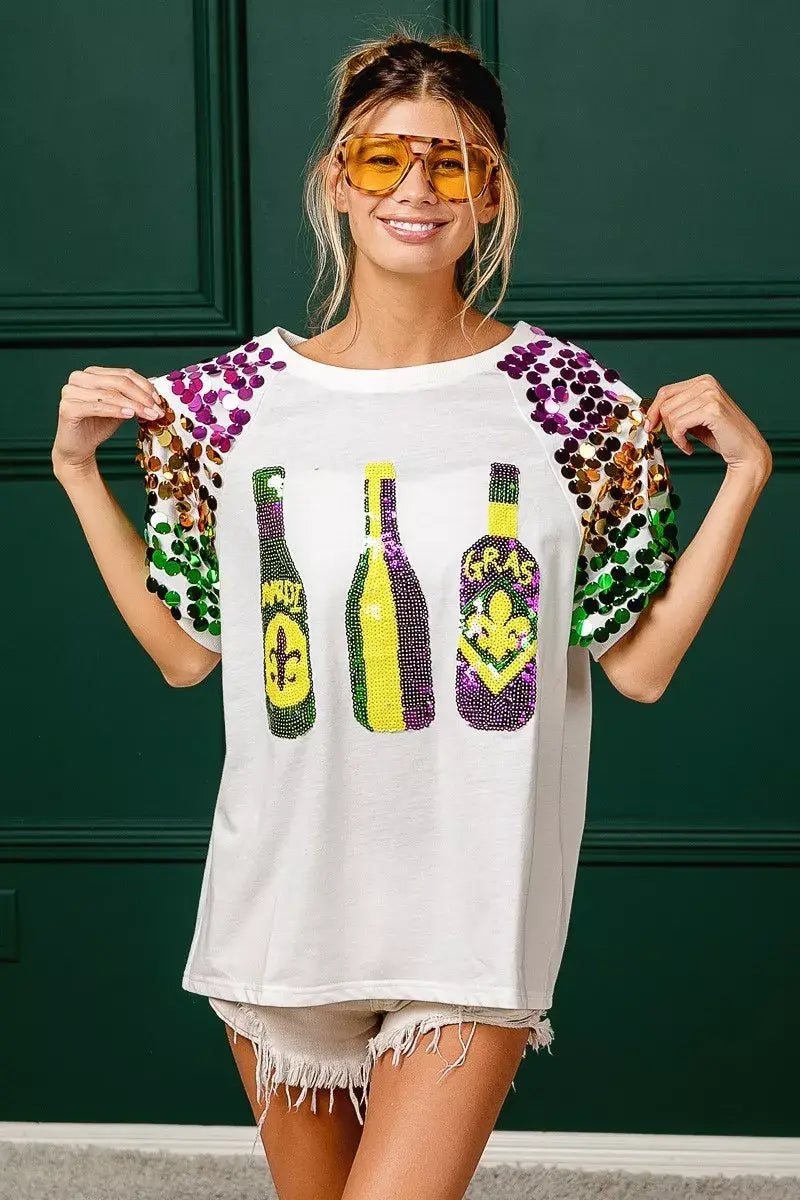 BiBi Sequin Mardi Gras Bottles Spangled Sleeve Top - Trendsi - Flyclothing LLC