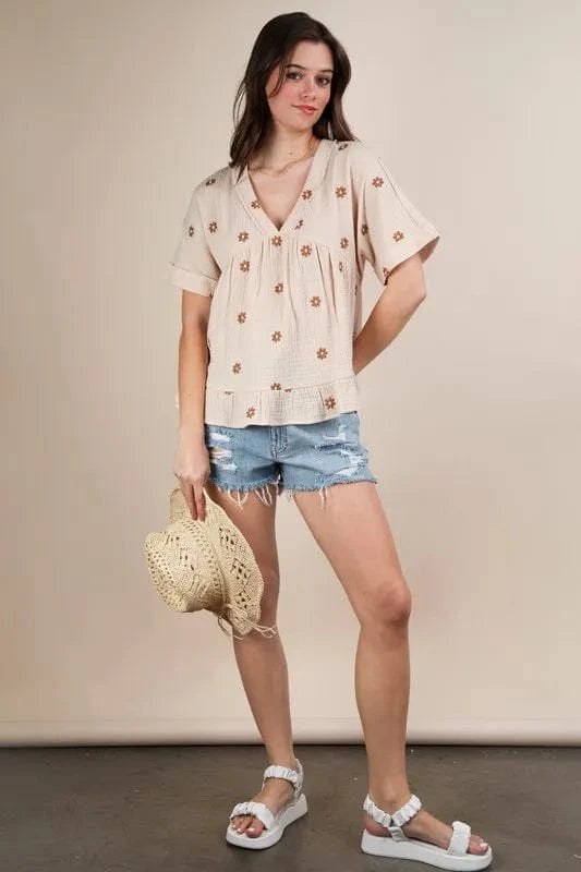 VERY J Flower Embroidered Woven Blouse - Trendsi