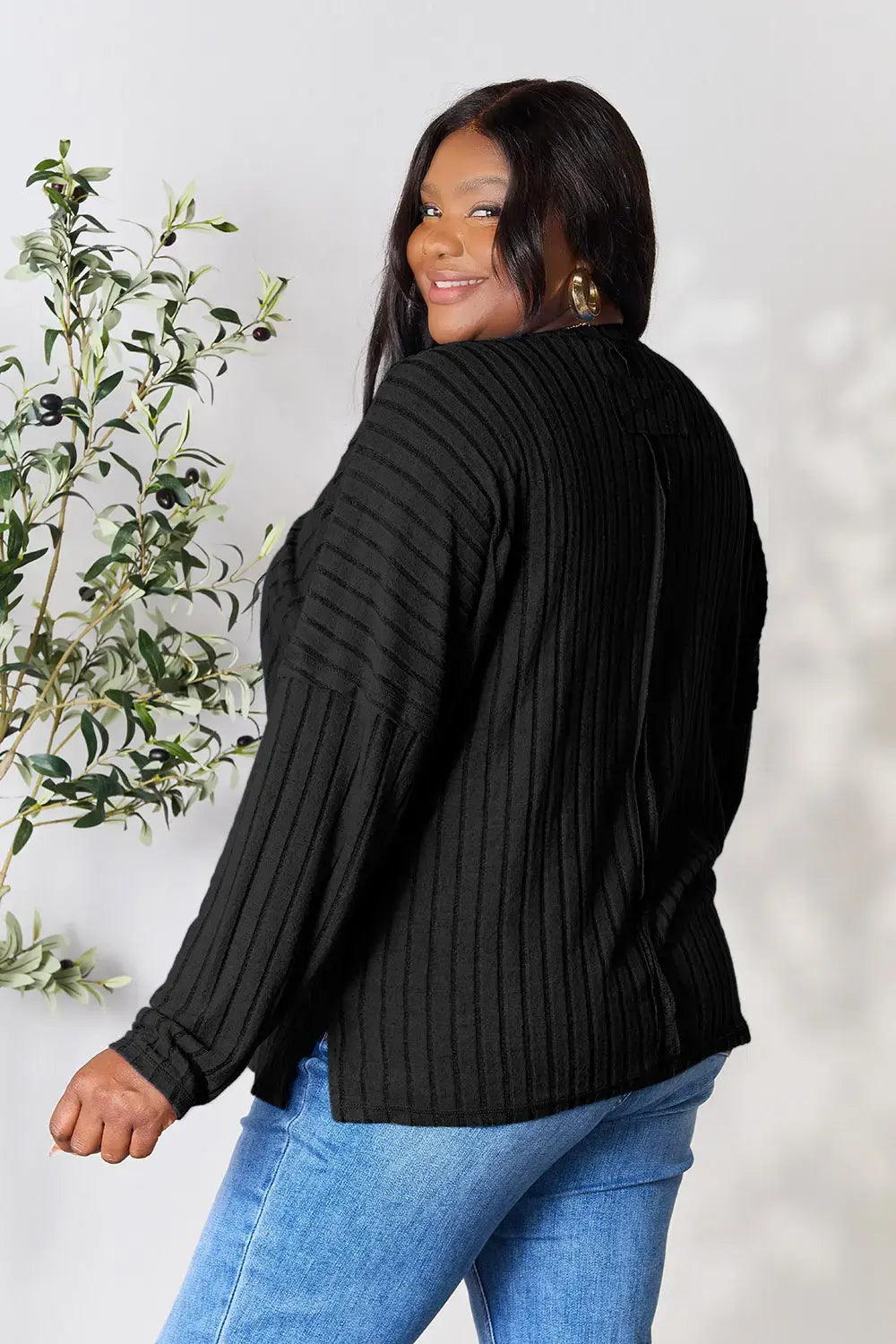 Basic Bae Full Size Ribbed Round Neck Slit Knit Top - ShopBasicbae - Flyclothing LLC