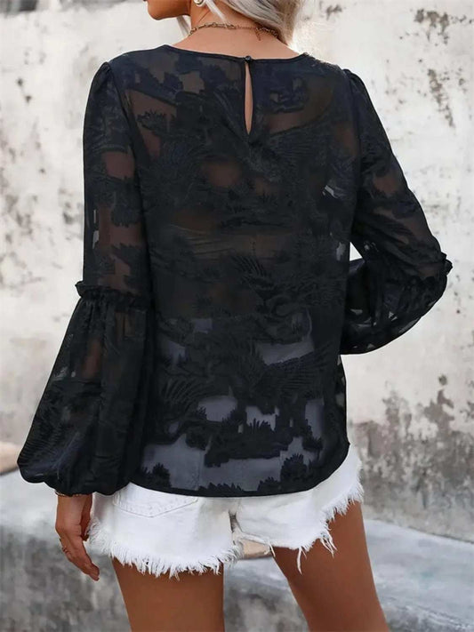 Round Neck Balloon Sleeve Blouse - Trendsi - Flyclothing LLC