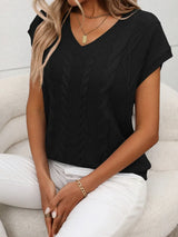 Cable-Knit V-Neck Short Sleeve Knit Top - Trendsi - Flyclothing LLC