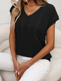 Cable-Knit V-Neck Short Sleeve Knit Top - Trendsi - Flyclothing LLC
