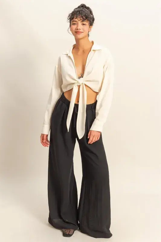 HYFVE Washed Tie Front Crop Top - Trendsi - Flyclothing LLC