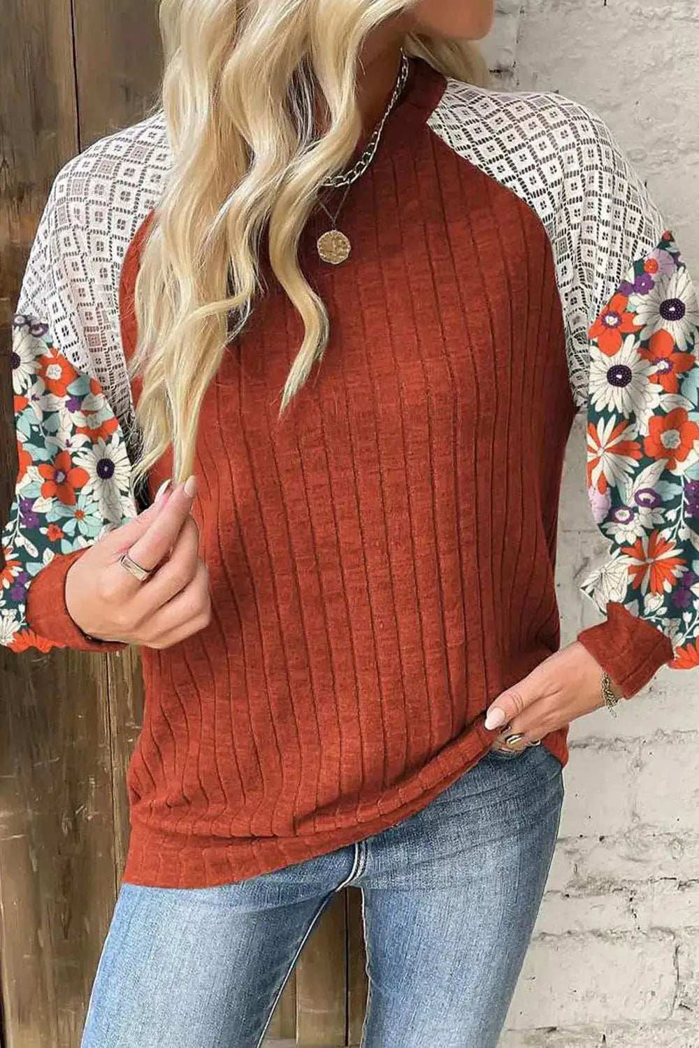 Printed Round Neck Long Sleeve Top - Trendsi - Flyclothing LLC