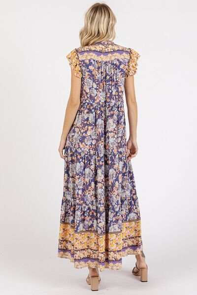 Mittoshop Floral Ruffled Notched Cap Sleeve Maxi Dress - Trendsi - Flyclothing LLC