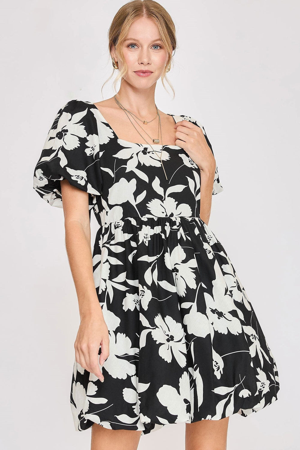 Umgee Full Size Two Tone Floral Print Babydoll Dress Plus Size - Trendsi