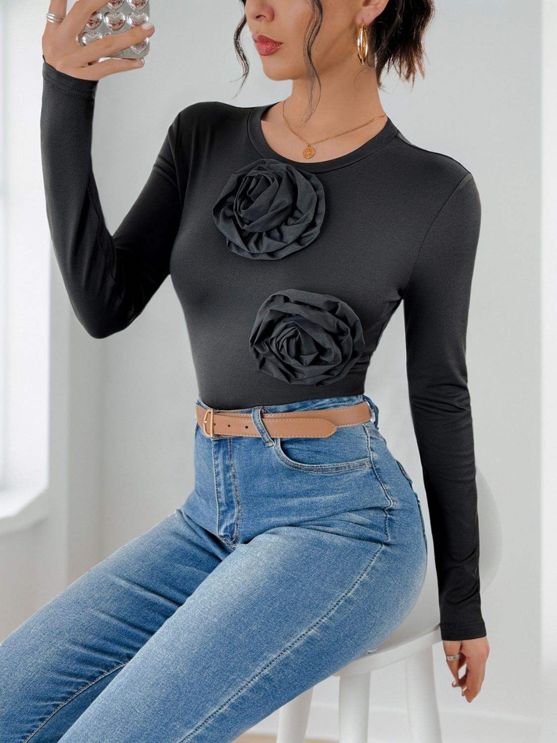 Perfee Flower Round Neck Long Sleeve Bodysuit - Trendsi - Flyclothing LLC