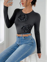 Perfee Flower Round Neck Long Sleeve Bodysuit - Trendsi - Flyclothing LLC