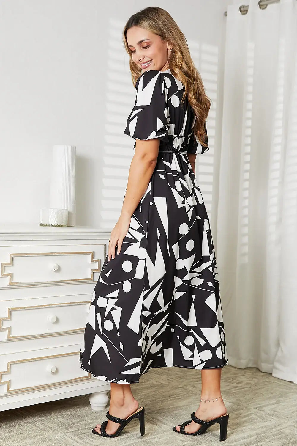 Printed Surplice Balloon Sleeve Dress - Trendsi - Flyclothing LLC