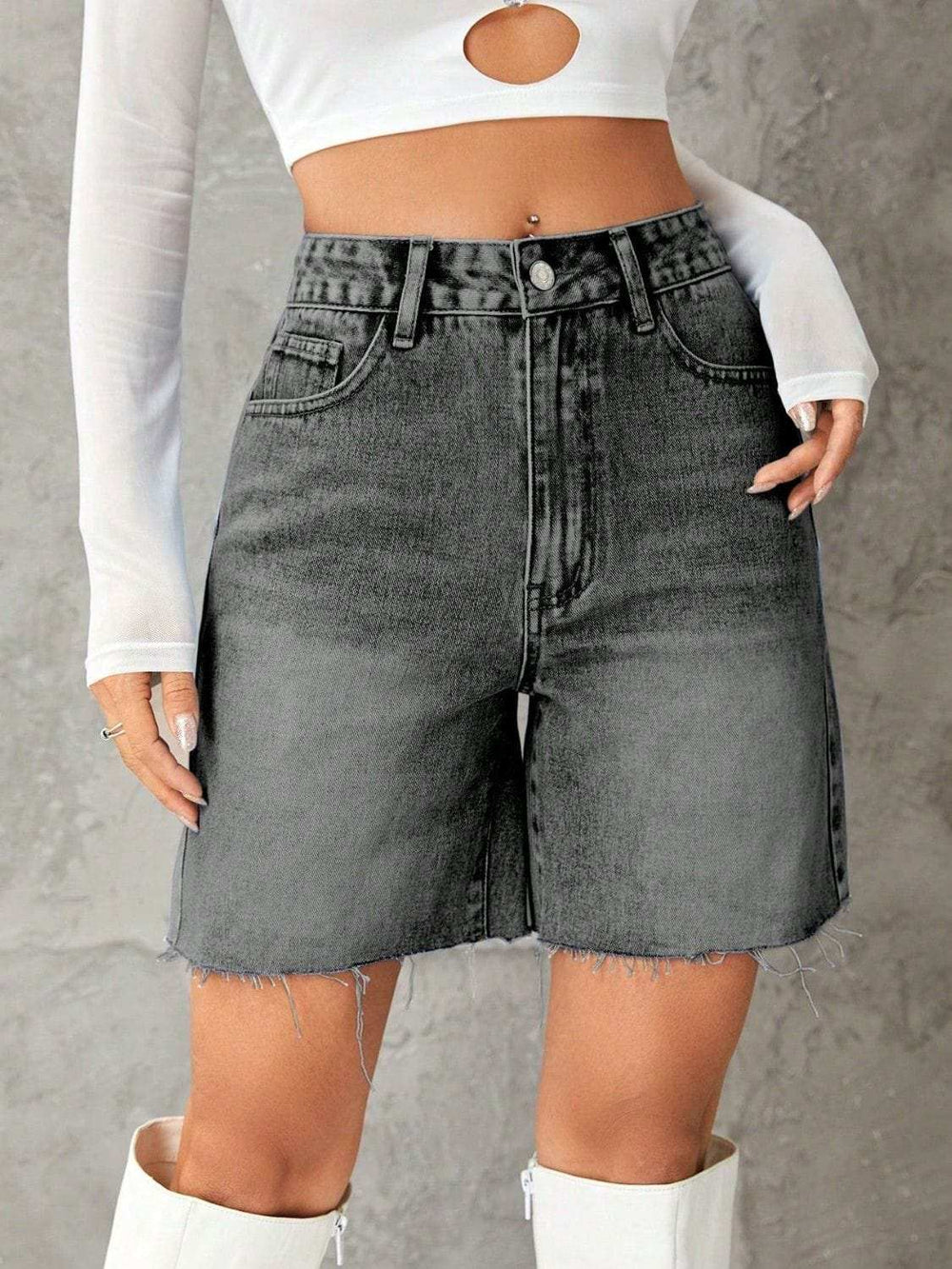 Frayed Hem Denim Shorts - Trendsi - Flyclothing LLC