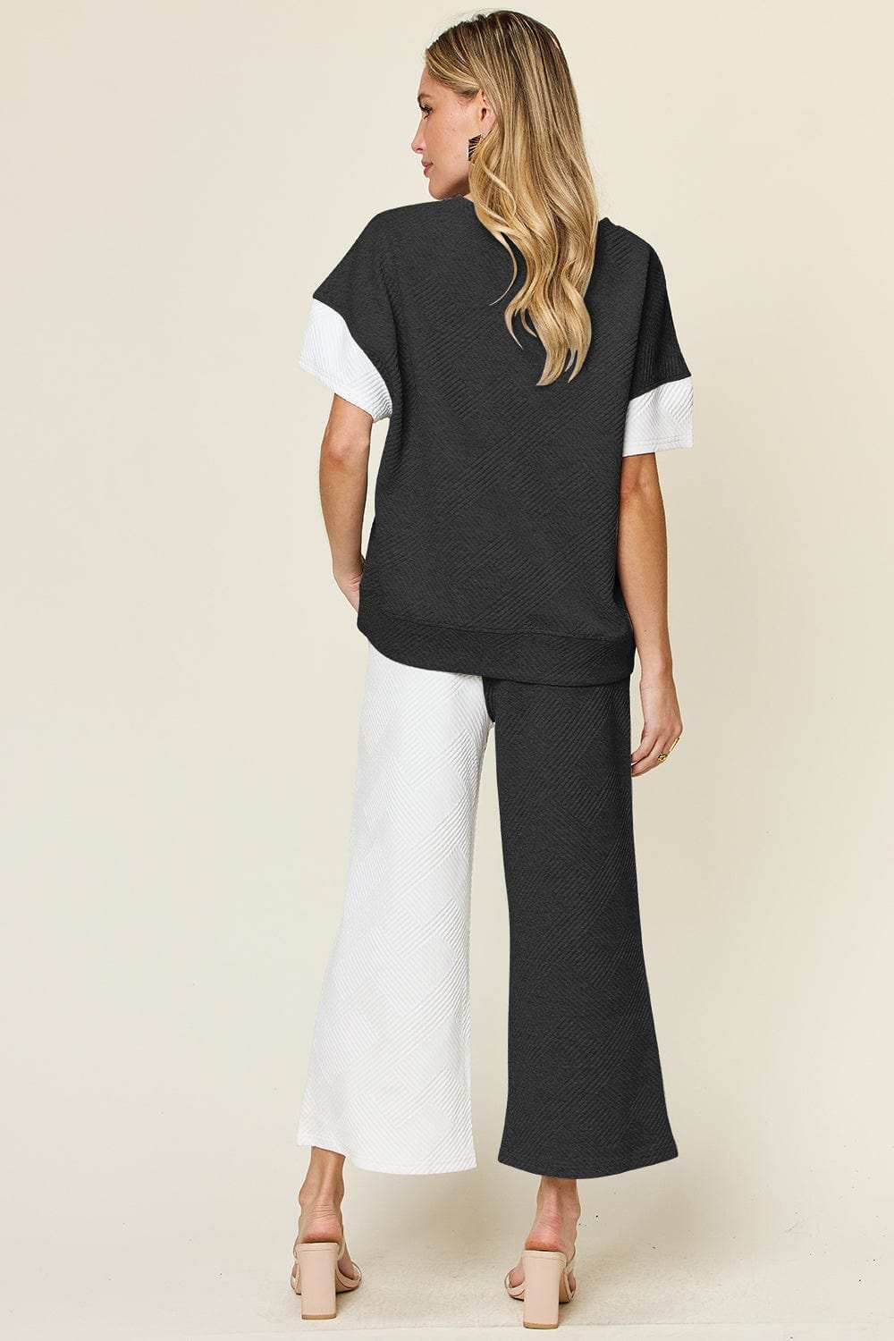 Double Take Full Size Texture Contrast T-Shirt and Wide Leg Pants Set - Trendsi - Flyclothing LLC
