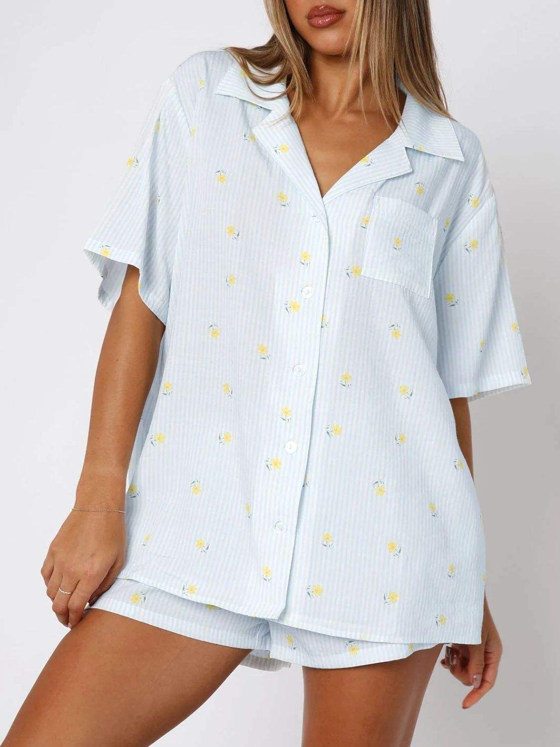 Valentine's Day Printed Collared Neck Short Sleeve Top and Shorts Set - Trendsi - Flyclothing LLC