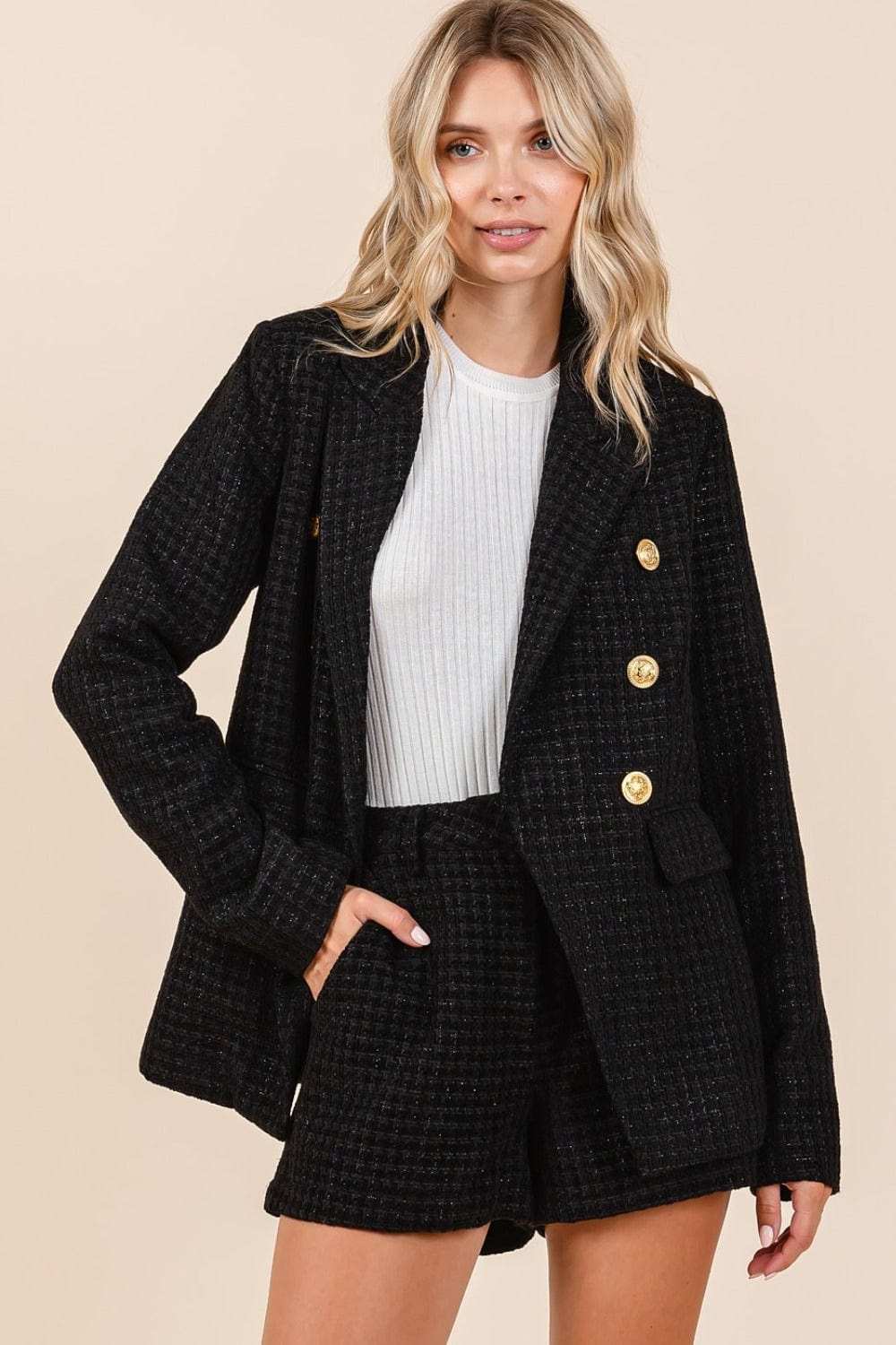 Mittoshop Plaid Texture Double-Breasted Long Sleeve Blazer - Trendsi - Flyclothing LLC