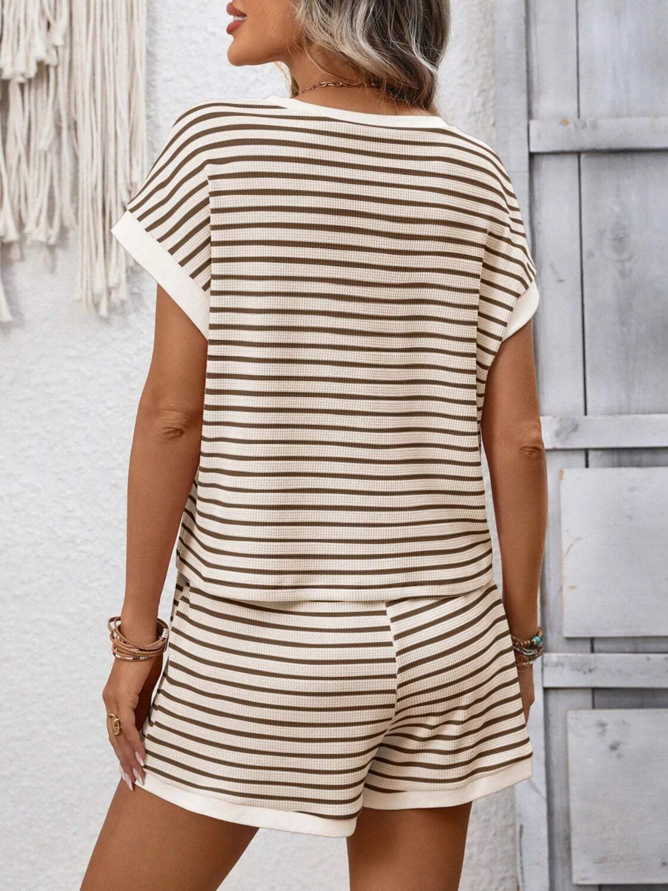 Striped Casual Round Neck Top and Shorts Set - Trendsi - Flyclothing LLC