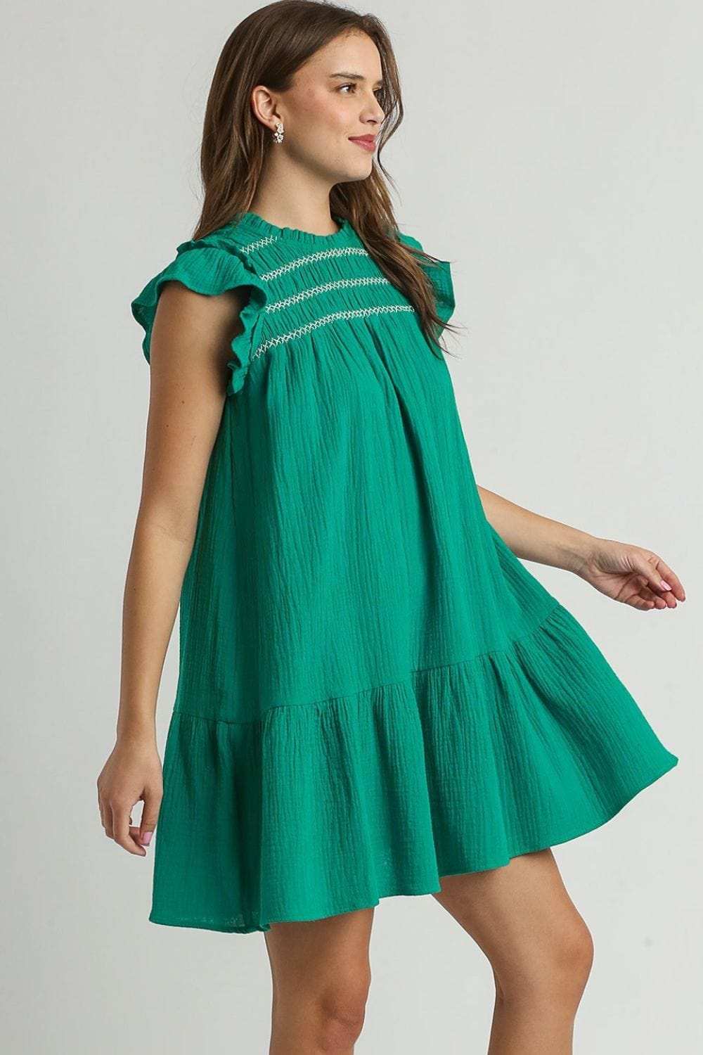 Umgee Full Size Smocked Contrast Stitching Ruffle Cap Sleeve Round Neck Dress Plus Size - Trendsi - Flyclothing LLC