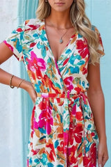 Printed Surplice Short Sleeve Tie Waist Maxi Dress - Trendsi - Flyclothing LLC