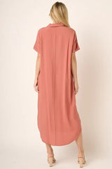 Mittoshop Collared Neck Dolman Short Sleeve Midi Shirt Dress - Trendsi - Flyclothing LLC
