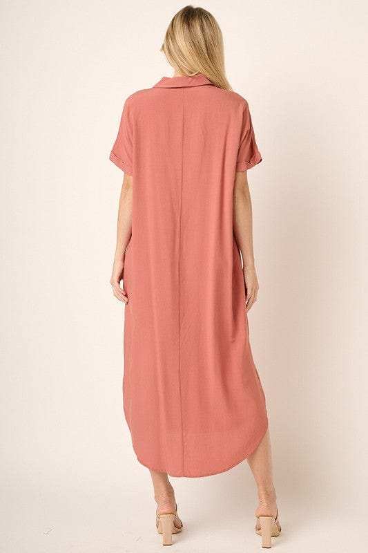 Mittoshop Collared Neck Dolman Short Sleeve Midi Shirt Dress - Trendsi - Flyclothing LLC