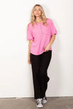 VERY J Twisted Sleeve Band Half Button Top - Trendsi