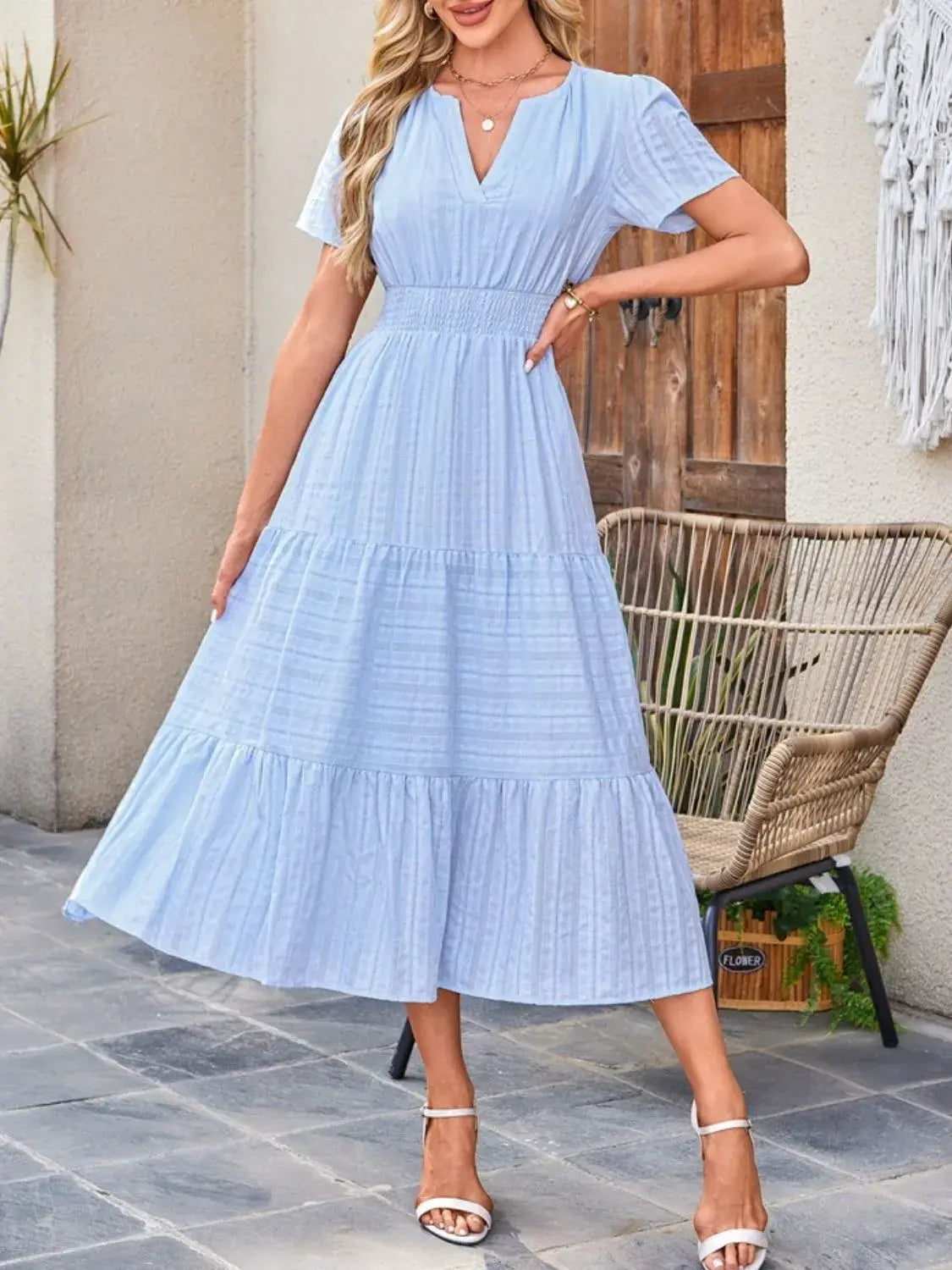 Tiered Notched Short Sleeve Dress - Trendsi - Flyclothing LLC