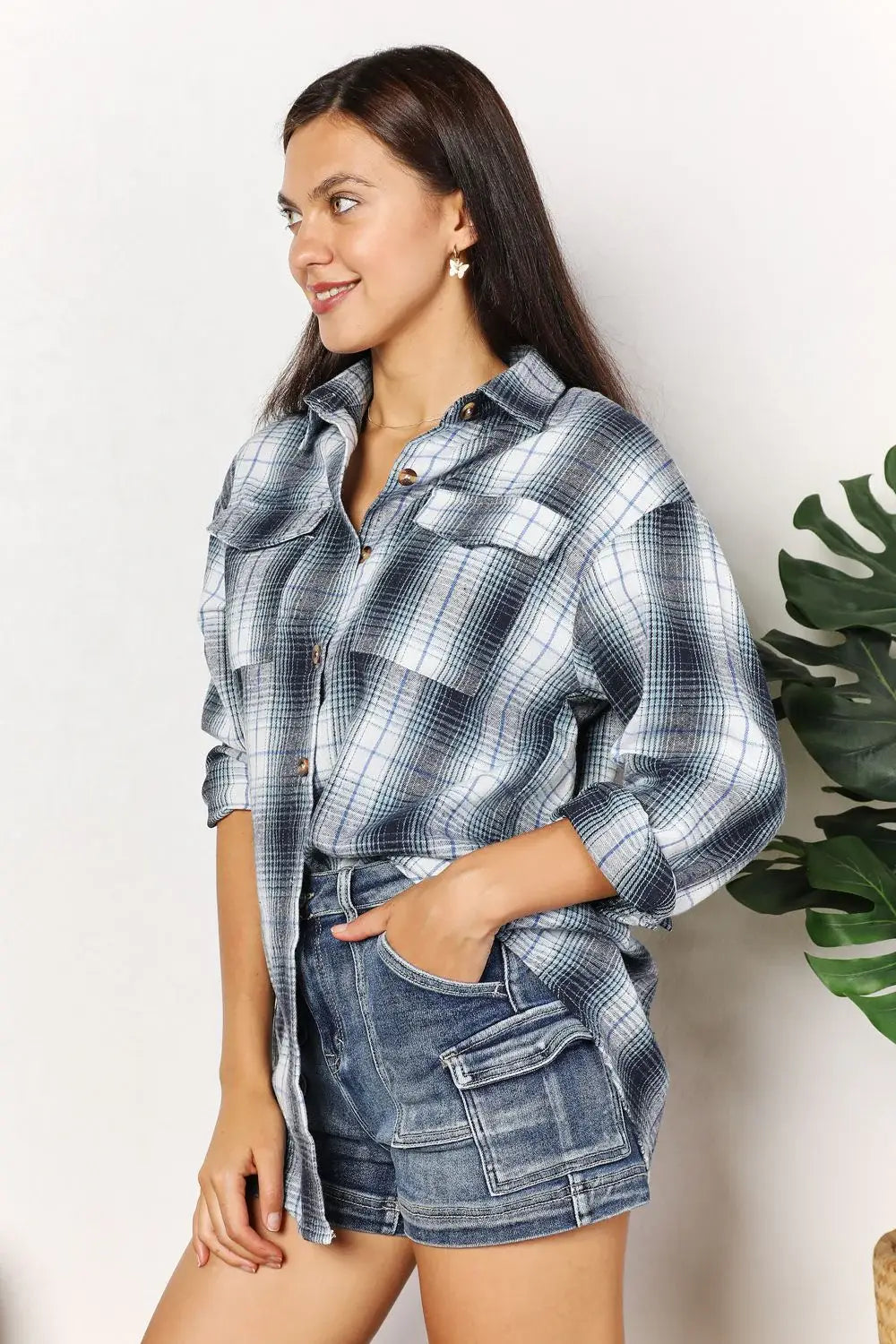 Mandy Plaid Dropped Shoulder Shirt - Trendsi - Flyclothing LLC