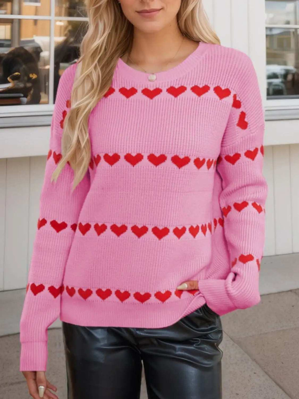 Heart Round Neck Long Sleeve Sweater - Trendsi - Flyclothing LLC