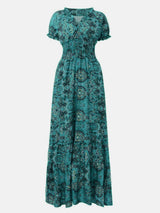 Full Size Smocked Printed V-Neck Short Sleeve Dress - Trendsi - Flyclothing LLC