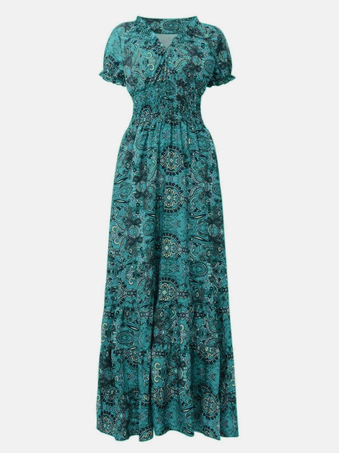 Full Size Smocked Printed V-Neck Short Sleeve Dress - Trendsi - Flyclothing LLC