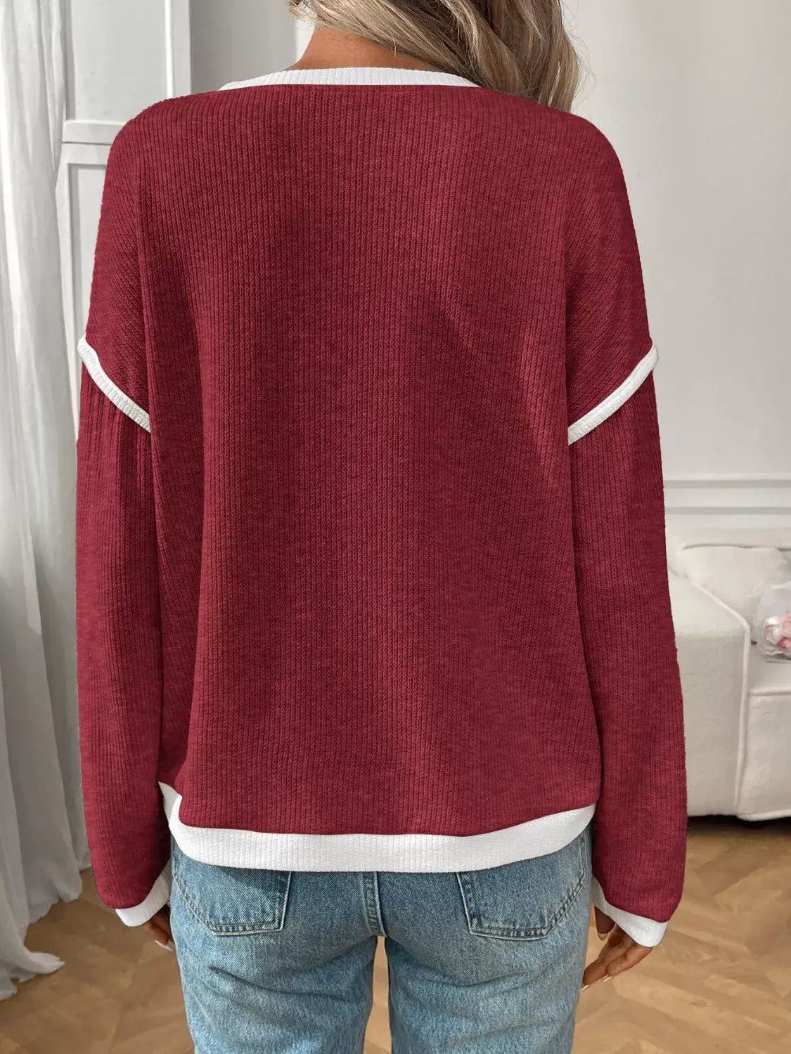Ribbed Knit Contrast Trim Sweater - Trendsi - Flyclothing LLC