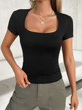 Square Neck Short Sleeve T-Shirt - Trendsi - Flyclothing LLC
