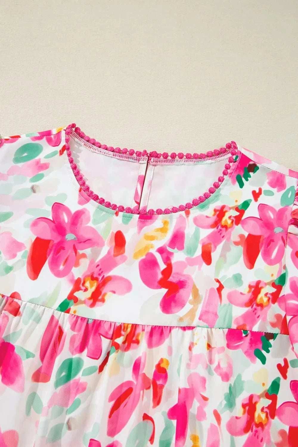 Floral Print Ruffle Sleeve Round Neck Blouse - Trendsi - Flyclothing LLC