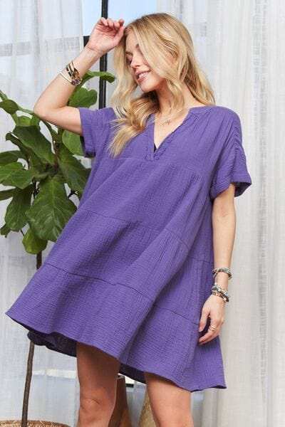 ADORA Tiered Notched Short Sleeve Dress - Trendsi - Flyclothing LLC