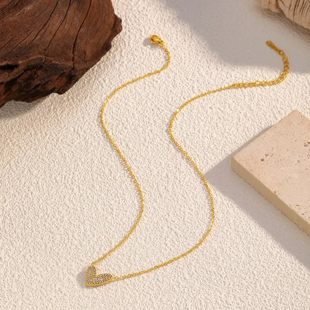 18K Gold-Plated Rhinestone Heart Necklace - Trendsi - Flyclothing LLC