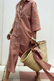 Slit Printed Collared Neck Three-Quarter Sleeve Midi Shirt Dress - Trendsi - Flyclothing LLC