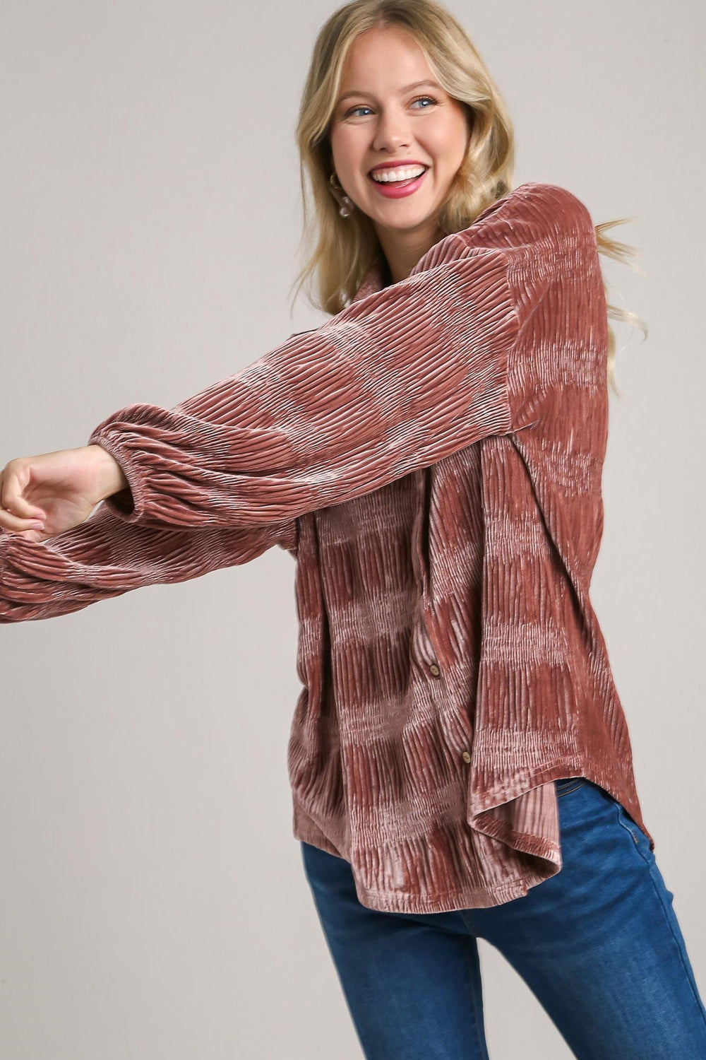 Umgee Ruched Tiered Button Up Shirt - Trendsi